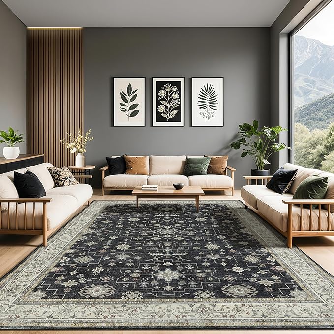 LBRO2M Black Washable Rugs 10X14 Area Rug for Living Room for Bedroom Dining Room Non Slip Farmhouse Rugs Easy Clean, Stain Resistant Carpet Great for Pets and Kids (10'X14' Charcoal Black)