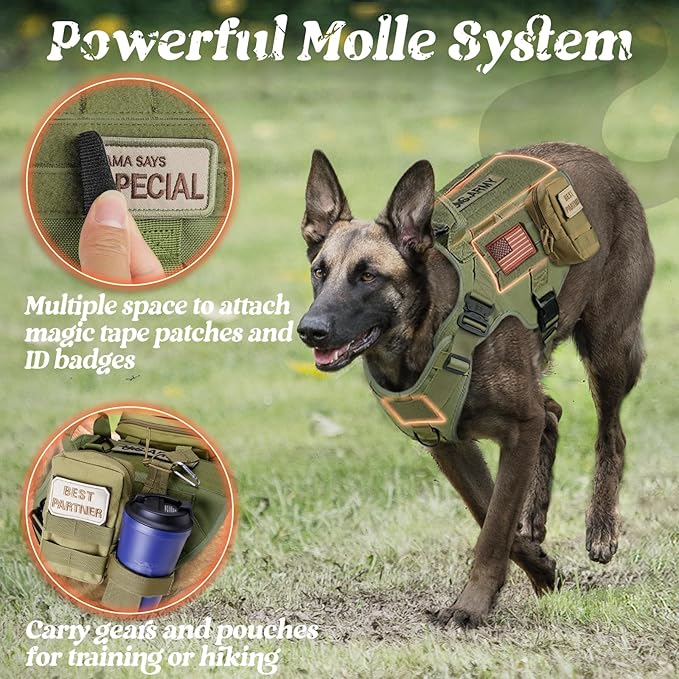 rabbitgoo Tactical Dog Harness Medium Sized, Heavy Duty Pet Harness with Handle, No-Pull Service Vest Medium Breed, Adjustable Military Dog Vest for Training Hunting Walking, Green, M
