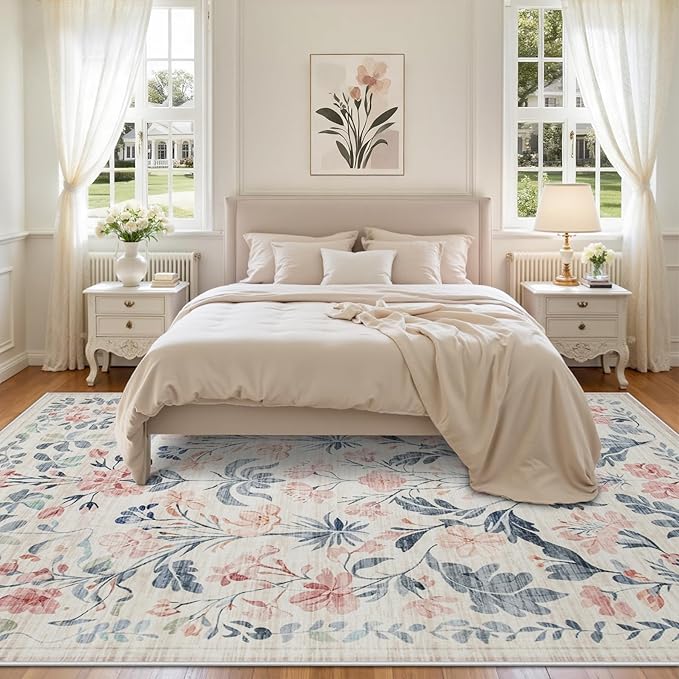 8x10 Area Rugs Washable Rug: Lagre Boho Living Room Rug Soft Non-Slip Thin Carpet Indoor Floor Non-Shedding Neutral Floral Carpets for Bedroom Dining Room Farmhouse Nursery Multi