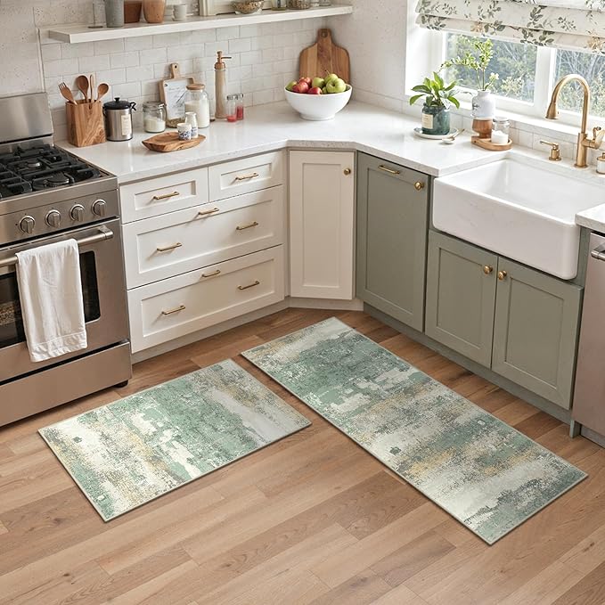 Kitchen Runner Rug Set 2 Piece, 17"x59"+17"x30" Rug, Modern Abstract Machine Washable Rug Runner for Hallway, Low Pile Soft Indoor Floor Mat with Non-Slip Backing, Light Green