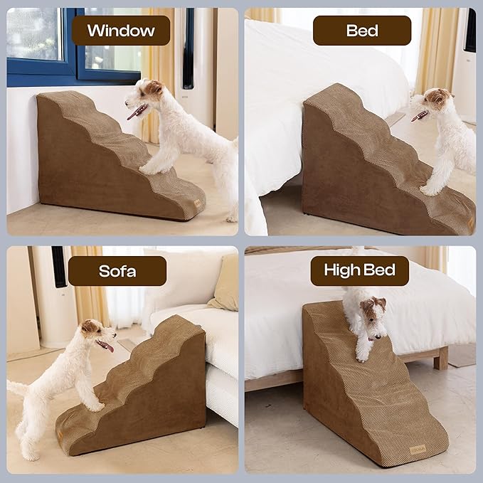 Dog Stairs for High Beds Up to 26-30", 5-Step Foam Pet Ramp with Washable Cover, Gentle Slope Steps, Bed & Couch Ladder for Small Medium Dogs & Senior Cat, Puppy Stairs to Get on Tall Furniture