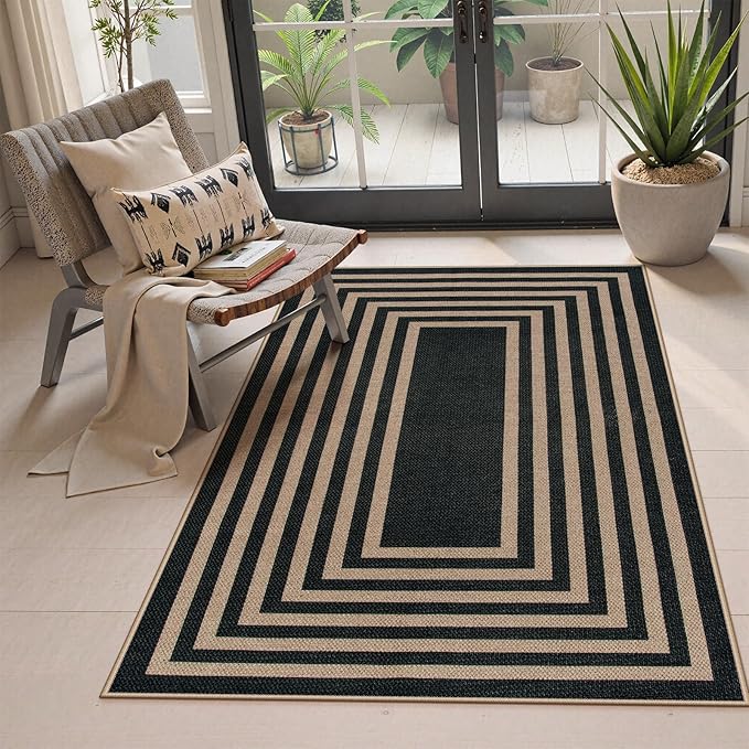 Lahome Modern Geometric Easy Jute Outdoor Rug, 3x5 Black Indoor Outdoor Carpet for Living Room Entryway, Farmhouse Non Slip Non Shedding Washable Area Rug for Patio Courtyard Bedroom