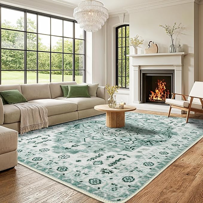 LBRO2M Boho Area Rug 6X9 Washable Rugs for Bedroom Low Piles Indoor Carpet, Non Slip Soft Rug for Living Room, Dining Room, Green Rug Foldable Pet Friendly Area Rugs Stain Resistant (6'X9' Green)