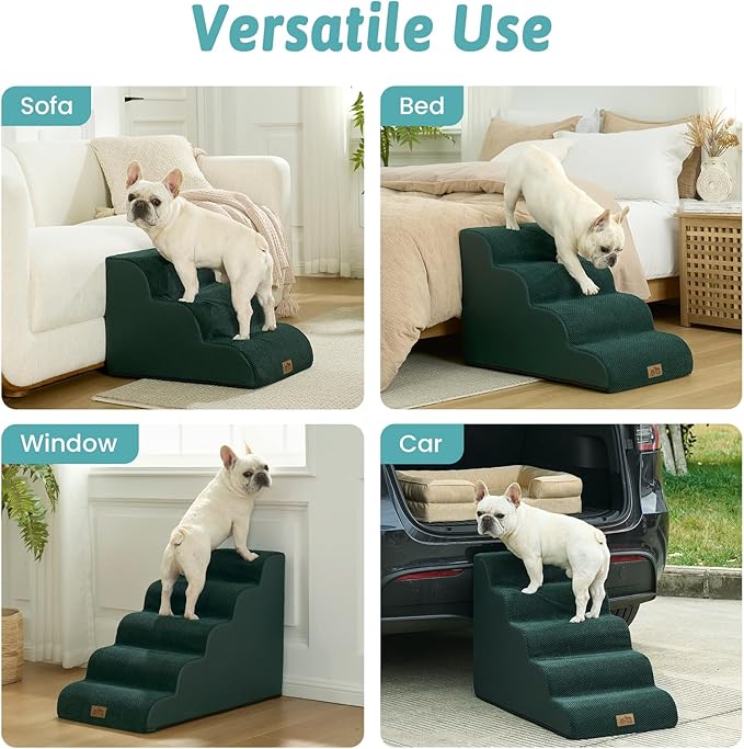 Wide Dog Stairs for Small Dog 19.7" H, Pet Step for Puppy, Older Cat, Curved Ramp for Bed, Durable Anti-Slip Ladder with High Density Foam, 4 Step, 17.7x28x19.7 inch, Dark Green