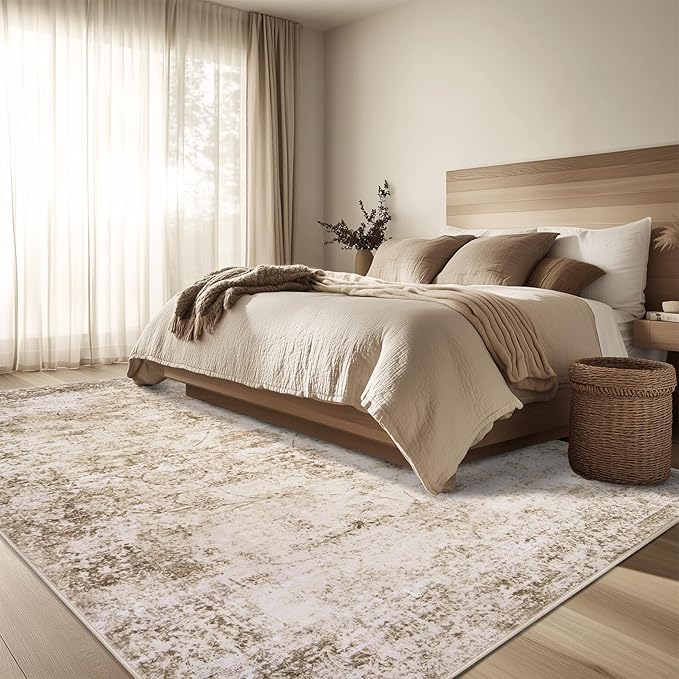6x9 Area Rug Living Room Rugs - Washable Rug Large Modern Abstract Soft Thin Carpets Indoor Floor No Slip Vintage Carpet for Bedroom Under Dining Table Nursery Home Office Decor Beige