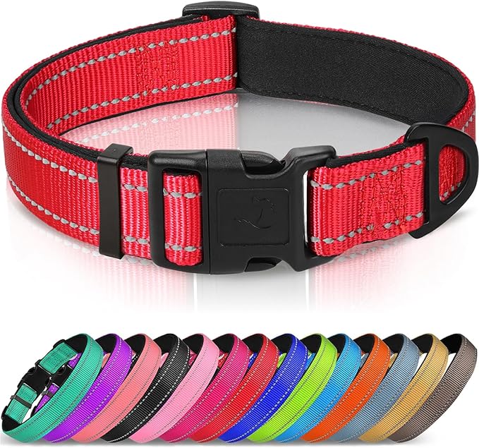 Joytale Reflective Dog Collar,Soft Neoprene Padded Breathable Nylon Pet Collar Adjustable for Large Dogs,Red,L