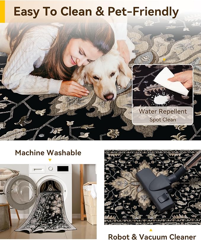 Area Rugs 3'x7' Runner Rug Non Slip Washable for Kitchen Hallway Bedroom Beside Laundry Room Bathroom Rug, Floor Carpet, Black Brown Neutral Dark Tan