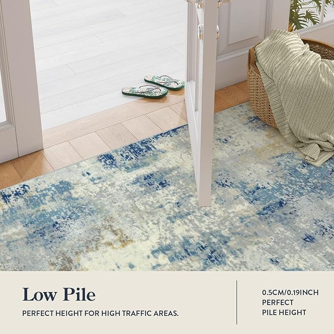 Lahome Modern Abstract Bathroom Runner Rug 2x8, Washable Entryway Rug Runners for Hallways Non Slip, Soft Non Skid Kitchen Carpet Runner for Living Laundry Bedroom RV, Blue
