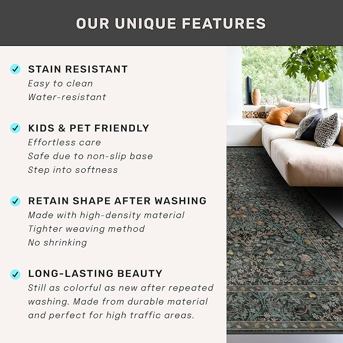 Dark Green Washable 3x16 Extra Long Runner Rug for Hallway Non Slip, Large Kitchen Indoor Floor Rugs for Entryway Hall Way, Soft Stain Resistant Low Pile Vintage Floral Carpet