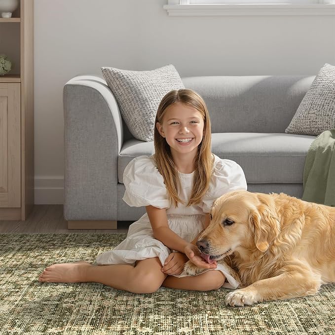 DCX 8x10 Neutral Rug, Kid & Pet Friendly with Rubber Back Non Slip, Machine Washable Stain Resistant Olive Green Floral Rug for Living Room, Bedroom, Soft Low Pile Large Nursery Carpet