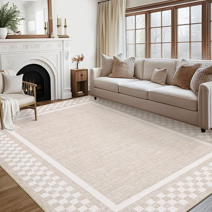 GarveeHome Washable Area Rugs 10x13 Non Slip Soft Large Living Room Rug Modern Checkered Bedroom Rug Soft Geometric Bordered Throw Carpet for Dining Room Home Decor Office Nursery, Beige