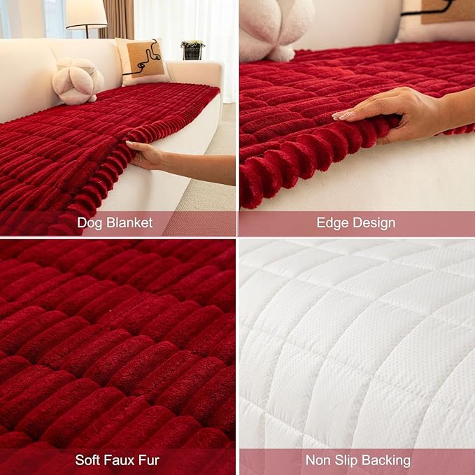 Christmas Faux Fur Plush Dog Couch Cover, 3D Stripe Fuzzy Sofa Covers, Non-Slip Fluffy Dog Bed Cover Pet Blanket, Washable Furniture Protector for Puppy Cat (Red,28"x70")