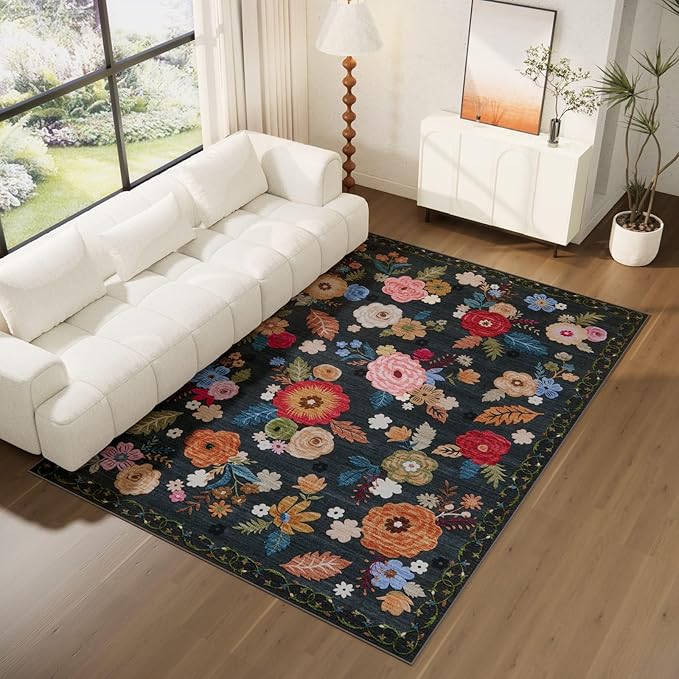 8x10 Area Rugs for Living Room: Washable Rug Stain Resistant Distressed Vintage Floral Rug Non Slip Low Pile Faux Wool Soft Large Area Rugs for Bedroom Bedside Farmhouse Dining Room Kitchen Nursery