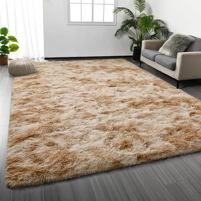 Large Shag Area Rugs 5 x 8, Tie-Dyed Plush Fuzzy Rugs for Living Room, Ultra Soft Fluffy Furry Rug for Bedroom, Indoor Carpet Nursery Rugs for Kids Room Home Decor, Beige