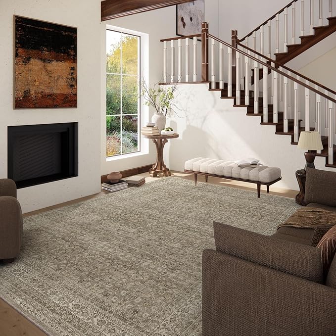 Washable Area Rugs for Living Room: 9x12 Bedroom Rug Vintage Large Rugs Stain Resistant Non Slip Low Pile Soft Lightweight Carpet for Kitchen Dining Room Farmhouse Nursery Kids Room