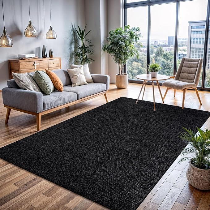 CAMILSON Easy Jute Rug 6x9, Indoor Outdoor Dark Gray Black Farmhouse Area Rugs for Living Room Patio and Kitchen Rug, Solid Boho Woven Design, Easy-Cleaning, Washable Outside Carpet Alfombras (6 x 9)
