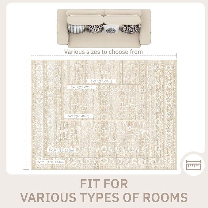 5x7 Area Rugs for Living Room, Washable Vintage Floral Non-Slip Low Pile Natural Rug Soft Throw Carpet for Dining Room Bedroom Home Office Nursery (Beige, 5'x7')