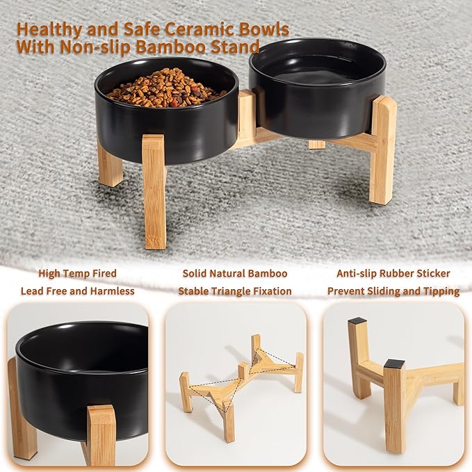 Elevated Ceramic Dog Bowl Set - Raised Dog Bowls with Non-Slip Bamboo Stand - Dog Food and Water Bowl Set - Double Dog Feeding Bowls - Suitable for Small and Medium Dogs - 28.74 OZ - 3.6 CUPS - 850 ML