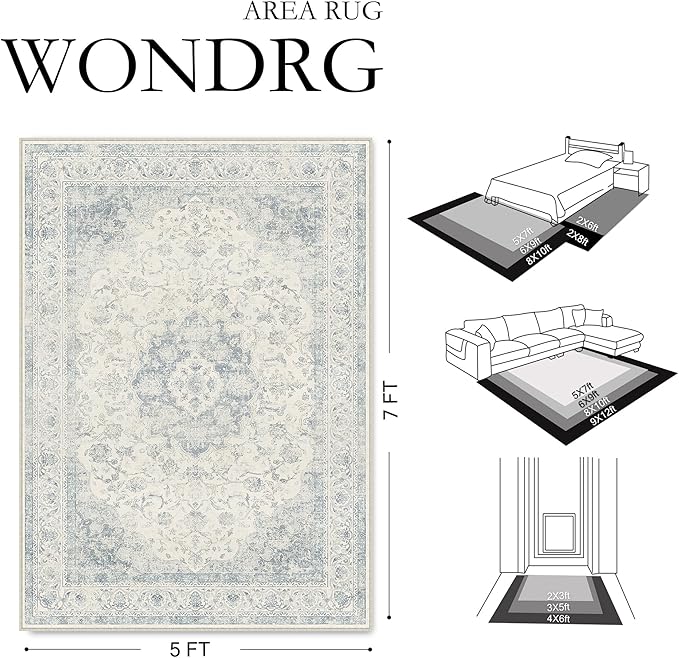 5x7 Blue Washable Vintage Area Rug for Living Room Bedroom Soft Tranditional Non Slip Large Throw Rug Lightweight Floral Low Pile Distressed Carpet Laundry Dining Room Playroom Office Nursery