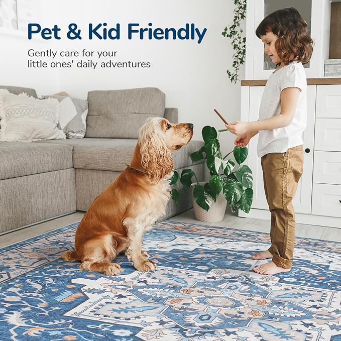 Lessymo 5x7 Area Rugs- Machine Washable Area Rugs, Super Soft Faux-Wool Area Rug for Living Room Bedroom, Boho Area Rug Vintage Floral Medallion Non-Slip Low Pile, Kid & Pet Friendly, Blue Brown