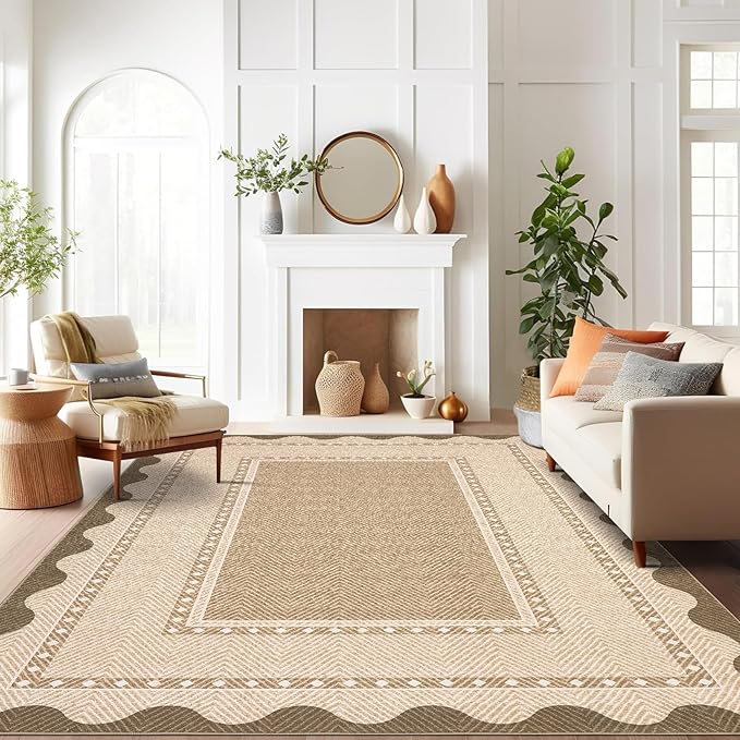 GarveeHome Washable 8x10 Area Rugs with Non Slip Backing, Large Solid Rugs for Living Room Bedroom, Modern Border Neutral Soft Carpet, Stain-Resistant Floor Mats for Nursery, Home Decor, Linen Color