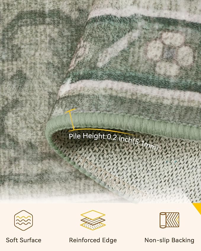 Area Rugs 7'x9' Washable Non-Slip, Floral Vintage Distress Print Pattern Medallion Carpet for Living Room Bedroom Dining Room, Dark Green Gray
