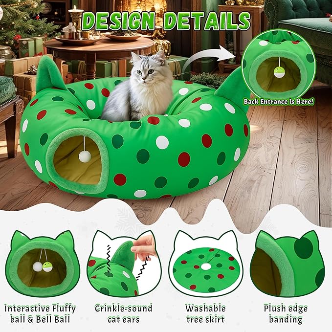 Cat Tunnel Christmas Tree Skirt, 3ft x 3ft x 9.8in Cat Tunnels for Indoor Cats, Grinch Cat Tunnel Bed with Hanging Ball and Cat Ears, Kitten Toys for Indoor Kittens Puppy Rabbit Ferret