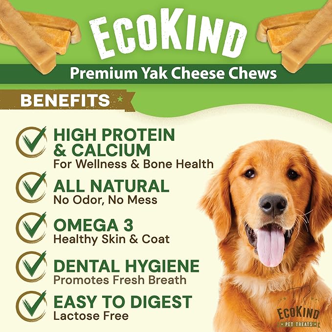 EcoKind Premium Gold Yak Cheese Himalayan Dog Chews, Healthy Dog Treats for Large Dogs, All Natural, High Protein Dog Chew, Water Buffalo, Large - 3 Chews
