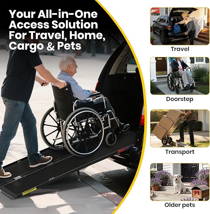 7 Feet Portable Wheelchair Ramp with Sopport Legsk, Black Seamless Non-Slip Aluminum Folding Handicap Ramp,Threshold Ramp for Doorways, Wheel Chair Ramp for Home Steps