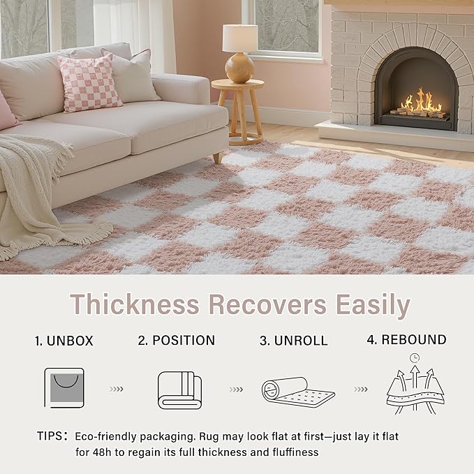 Checkered 4x4 Round Rug for Playroom, Pink and White Modern Shag Rugs Super Soft Washable Fluffy Carpet Indoor Office Fuzzy for Bedroom Living Romm Home Dorm Aesthetic Decor