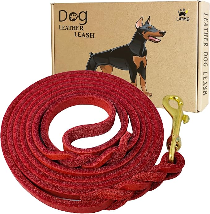 LWBMG Leather Dog Leash 8ftx1/2 inch, Heavy Duty Dog Leash, Strong and Sturdy Leather Braided Dog Leash, Soft and Comfortable Leather Leash for Medium Large Dogs Training and Walking Red