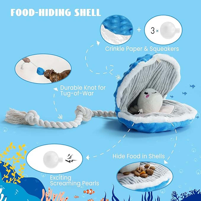 Nocciola Crinkle Squeaky Octopus Dog Toy - Ocean Theme Stuffed Interactive Rope Toys for Small, Medium & Large Dogs, Durable for Aggressive Chewers (Crab)