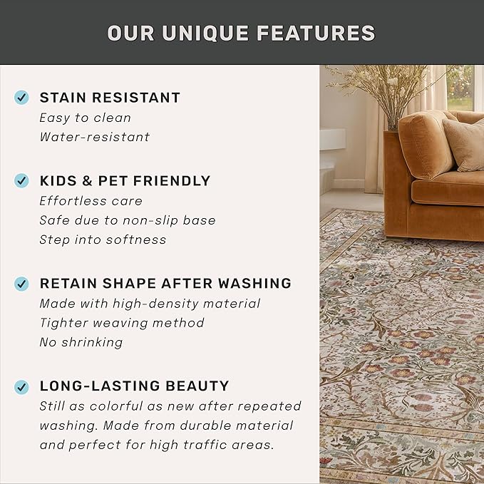 Vintage Moss Green 3x6 Area Rugs for Large Entryway, Bedroom Beside Rug, Kitchen, Non-Slip Low Pile Ultra Soft Stain Resistant Small Floral Neutral Carpet