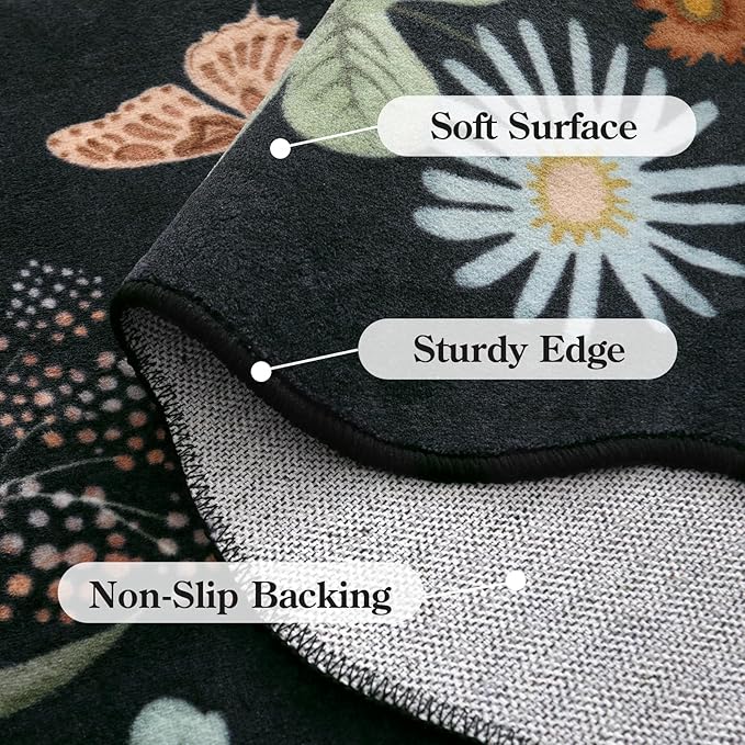 Lahome Floral Washable 6x9 Area Rugs, Soft Bedroom Rug for Living Room Ultra-Thin Non Slip Dining Room Rug, Stain Resistant Boho Rugs Easy Clean Throw Carpet for Office(6'x9',Black/Grey)