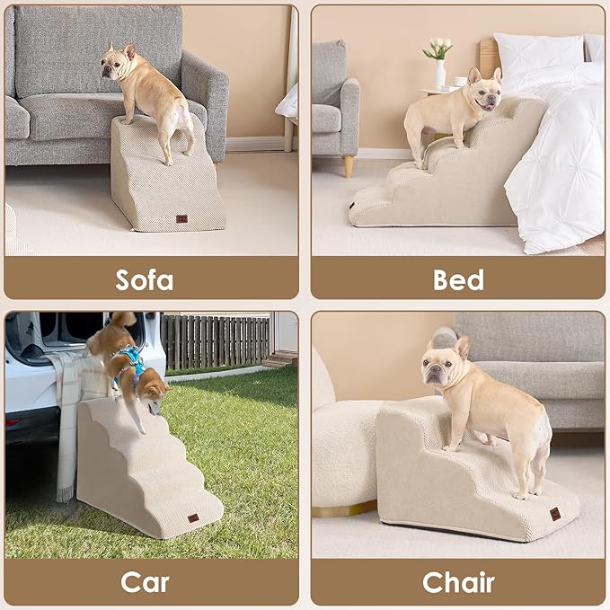 EHEYCIGA Curved Dog Stairs Ramp for Small Dogs 15.7" H, 3-Step Dog Steps for Couch Sofa and Chair, Pet Stairs for Cats, Non-Slip Balanced Pet Steps Indoor, Beige
