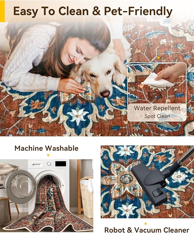 Area Rugs 9'x12' Washable Non-Slip, Floral Vintage Distress Print Pattern Medallion Carpet for Living Room Bedroom Dining Room, Red Orange Blue Brown