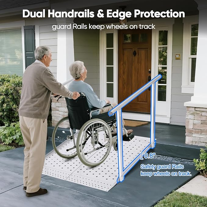 Folding Wheelchair Ramp with Handrails for Steps ??Heavy Duty Threshold Ramp 500lbs Capacity, Safe Door Portable Ramp with Handle for Home Entrance for Elderly, Walkers, Mobility Scooters