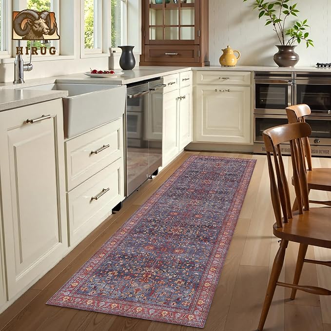 Washable Area Rug 2'6'' x 8' Vintage Traditional Persian Mat - Foldable Distressed Non-Slip Machine Washable Carpet for Living Room Bedroom Kitchen Home Decor - Indigo and Crimson