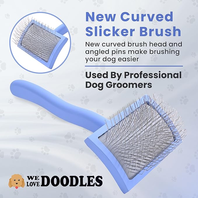 We Love Doodles Medium Curved Slicker Brush and Grooming Scissors Kit Bundle - Soft Pin Goldendoodle Brush and Dog Grooming Scissors Kit - for Dematting & Shedding - Made in USA