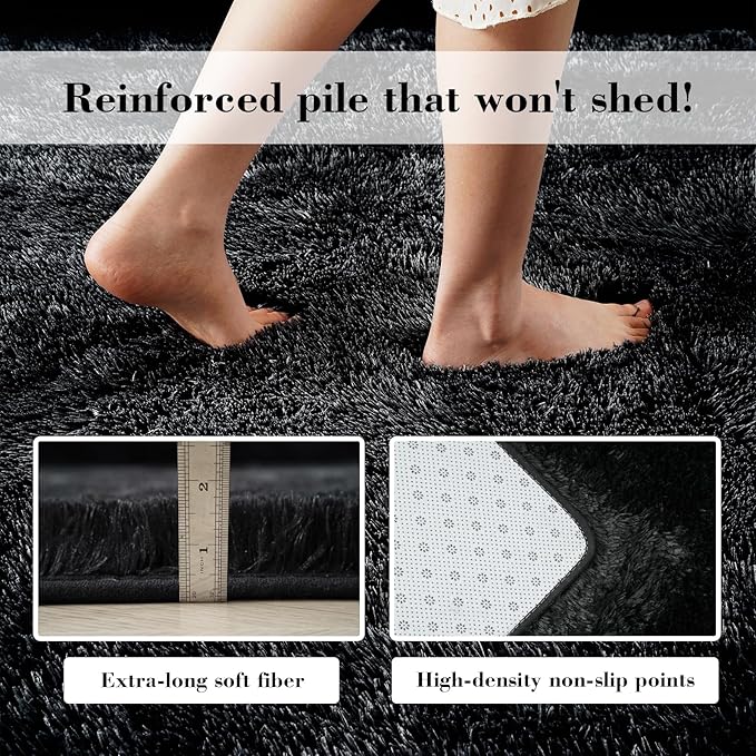 Soft Runner Rugs for Bedroom, Black 2x6 Area Rugs Fluffy Rug Shaggy Area Rug Carpet, Bedside Rug for Living Room Bedroom Kids Room Home Decor