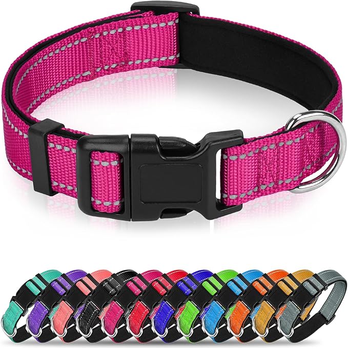 Reflective Dog Collar for Large Dogs, Wide Nylon Adjustable Collar with Soft Padding, Durable Buckle for Pitbull Labrador Retriever,Hotpink,L