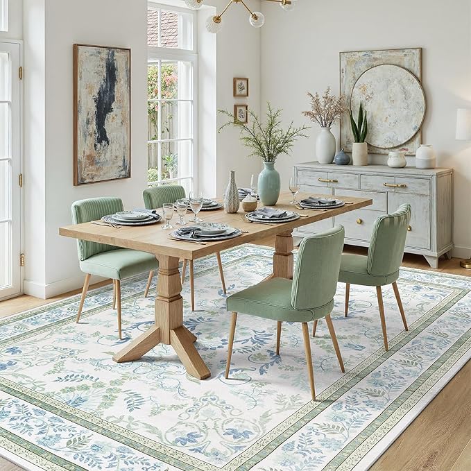 DCX Area Rug 6x9 Botanical Floral Washable Rugs in Green and Blue Soft Non Slip Low Pile Stain Resistant Carpet for High-Traffic Areas Bedroom Kitchen Entryway