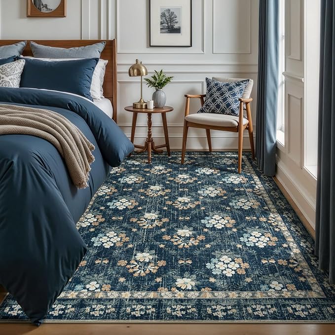 Lessymo Floral Living Room Rug 5x7, Soft Washable Area Rugs for Bed Room Dining Room, Soft Low Pile Carpet with Non Slip Backing Distressed Indoor Boho Carpet, Navy/Beige