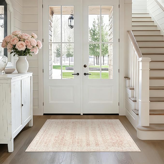 Vintage Pink Rug 3x5 Washable Non Slip Floral Aesthetic Indoor Rugs for Entryway Kitchen Low Pile Carpet for Laundry Room Bathroom Front Door Mat for Entrance 3 x 5