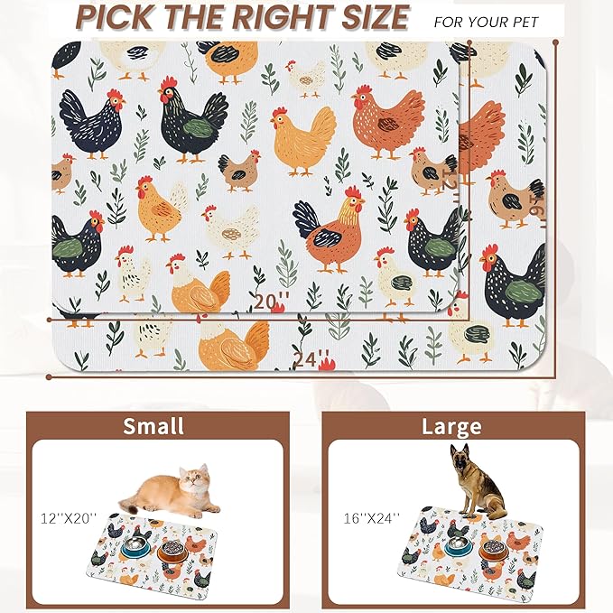 Rooster Dog Cat Food Mat,Hen Chicken Meadow Absorbent Pet Feeding Mat for Food and Water,Non-Slip Dog Bowl Mats Floor Protector 12"x20"