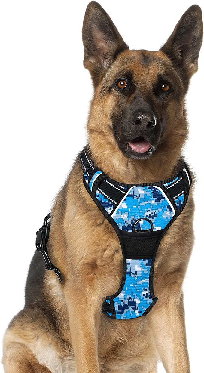 BARKBAY No Pull Dog Harness Large Step in Reflective Dog Harness with Front Clip and Easy Control Handle for Walking Training Running(Blue camo,XL)