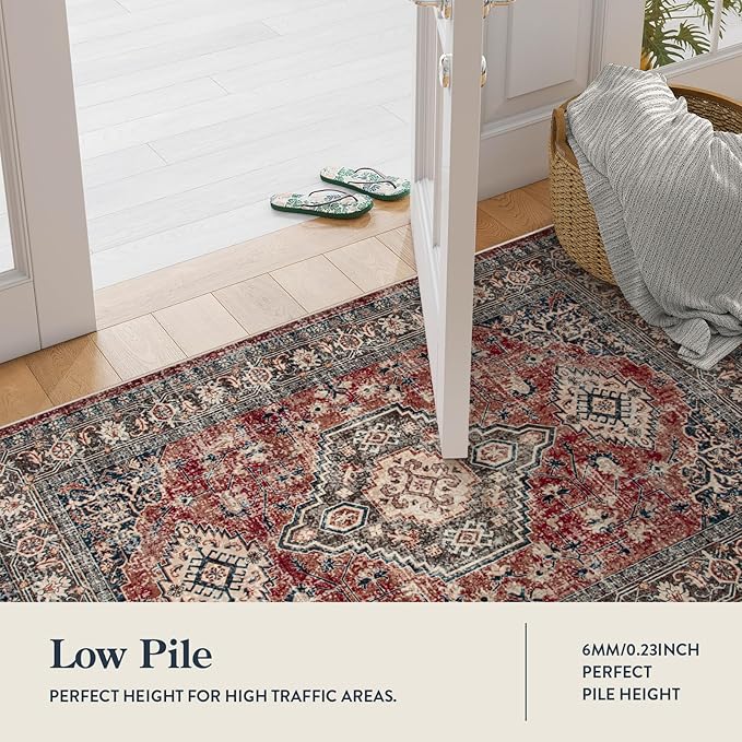 Lahome Oriental Washable Rugs for Bedroom, 4X6 Soft Living Room Rug Ultra-Thin Non-Slip Stain Resistant Vintage Low-Pile Throw Carpet for ?랳ffice Entryway, Brick Red