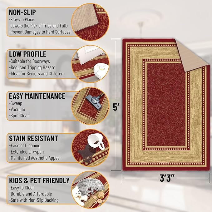 Ottomanson 3'3" x 4'7" Rugs for Living Room Border Area Rug for Bedroom - Non Slip Durable Large Floor Carpet for High Traffic Areas - Indoor Rug for Dining Room Kitchen Kids Playroom, Red