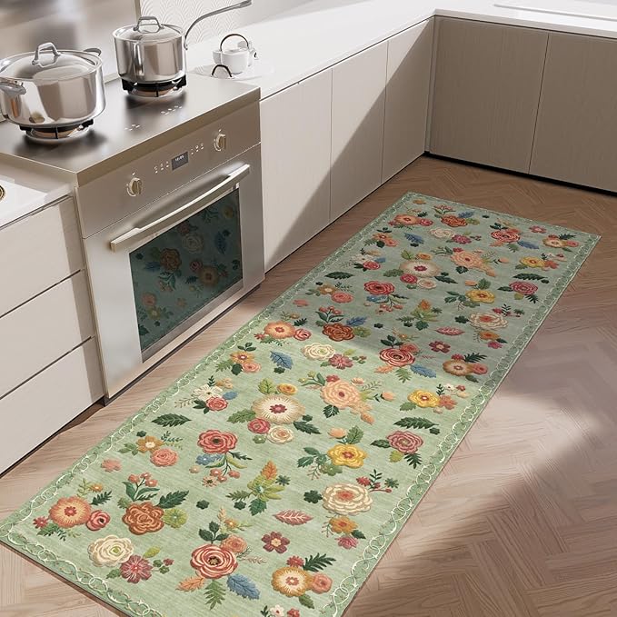 Machine Washable Runner Rug for Hallway: 2'6"x8' Kitchen Runners Rug with Rubber Backing Non Slip Stain Resistant Floral Floor Rug Soft Carpet Runners for Indoor Entryway Bedroom Bedside Living Room
