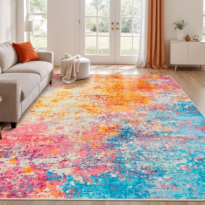 Rugflix 8x10 Area Rugs for Living Room, Washable Large Multicolor Rug Stain-Resistant Low Pile, Modern Carpet for Dining Room Home Office Kid Room Nursery Bedroom, Colorful Rainbow